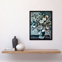 "Artery8 White Flower Bouquet Vase Still Life Painting Framed Art Print in Blue - Size: W12"" x H16""" - thumbnail 4
