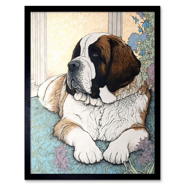 "Artery8 Wall Art Print St Bernard Dog Lying by Flower Pot Modern Bright Multicoloured Art Framed in Black - Size: W12"" x H16""" - image 1