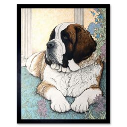 "Artery8 Wall Art Print St Bernard Dog Lying by Flower Pot Modern Bright Multicoloured Art Framed in Black - Size: W12"" x H16""" - thumbnail 1