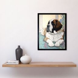 "Artery8 Wall Art Print St Bernard Dog Lying by Flower Pot Modern Bright Multicoloured Art Framed in Black - Size: W12"" x H16""" - thumbnail 2