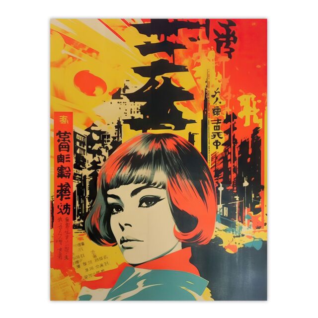"Artery8 Wall Art Print Tokyo Abstract 1960's Collage Orange & Yellow Woman Portrait Vibrant Bold Bright Colourful Painting Poster - Size: W24"" x H32""" - image 1