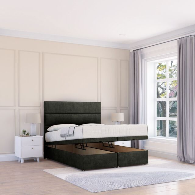 Sloomy Texas Dumfries Fabric Ottoman Bed End Opening With Sprung Memory Mattress & 26 Inch strut Headboard in Black - Size: Single - image 1