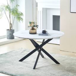 HomeTouch 80cm Modern White Marble Effect Round Dining Table with Black Metal Legs in Walnut - Size: 1 Pack - thumbnail 1