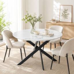 HomeTouch 80cm Modern White Marble Effect Round Dining Table with Black Metal Legs in Walnut - Size: 1 Pack - thumbnail 2