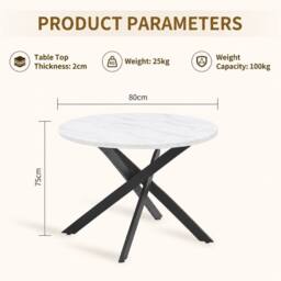 HomeTouch 80cm Modern White Marble Effect Round Dining Table with Black Metal Legs in Walnut - Size: 1 Pack - thumbnail 4