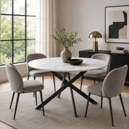 HomeTouch 80cm Modern White Marble Effect Round Dining Table with Black Metal Legs in Walnut - Size: 1 Pack - thumbnail 3