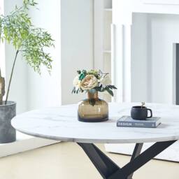 HomeTouch 80cm Modern White Marble Effect Round Dining Table with Black Metal Legs in Walnut - Size: 1 Pack - thumbnail 8