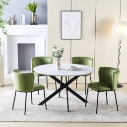 HomeTouch 80cm Modern White Marble Effect Round Dining Table with Black Metal Legs in Walnut - Size: 1 Pack - thumbnail 7