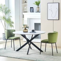 HomeTouch 80cm Modern White Marble Effect Round Dining Table with Black Metal Legs in Walnut - Size: 1 Pack - thumbnail 6