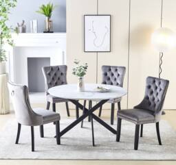 HomeTouch 80cm Modern White Marble Effect Round Dining Table with Black Metal Legs in Walnut - Size: 1 Pack - thumbnail 5
