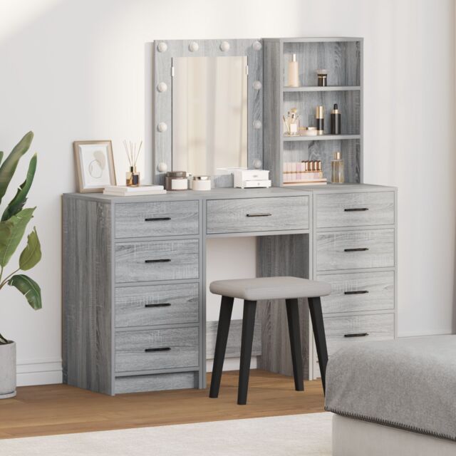 Berkfield Home 3 Piece Dressing Table Set with LED Grey Sonoma Engineered Wood - image 1