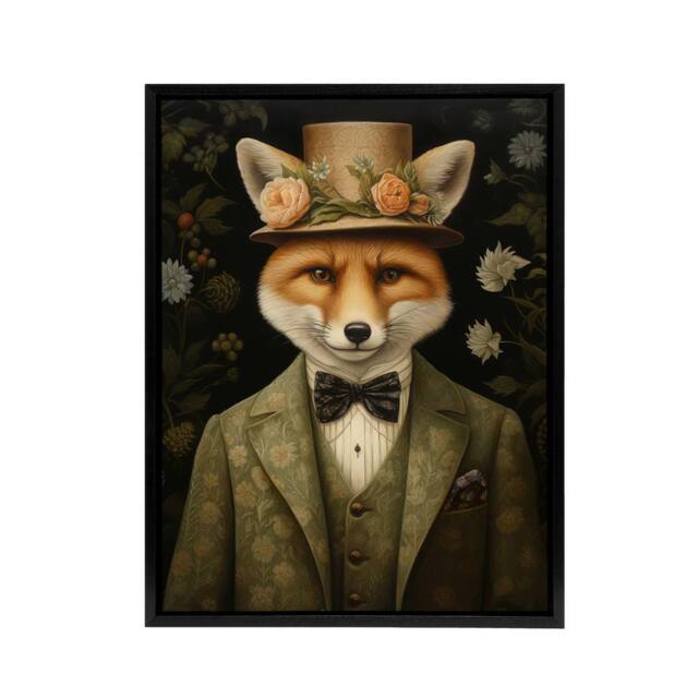 "Artery8 Gentleman Fox In Floral Victorian Suit Framed Canvas Wall Art Print in Brown - Size: W24"" x H32""" - image 1