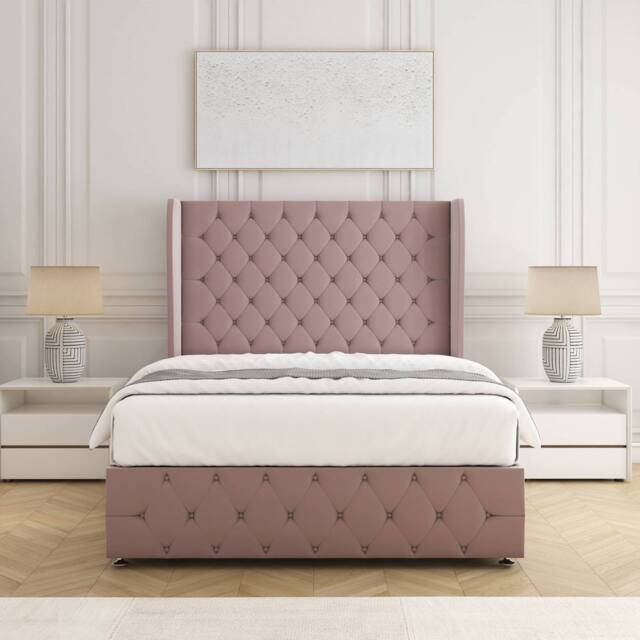 "BSSPOKE Faye Plush Velvet Divan Bed Set 54"" Headboard & Mattress No Drawers in Pink - Size: Double" - image 1
