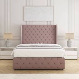 "BSSPOKE Faye Plush Velvet Divan Bed Set 54"" Headboard & Mattress No Drawers in Pink - Size: Double"