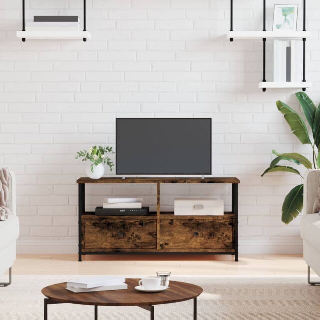 Berkfield Home TV Cabinet Smoked Oak 90x33x45 cm Engineered Wood&Iron in Brown - Size: 90 x 33 x 45 cm