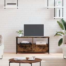 Berkfield Home TV Cabinet Smoked Oak 90x33x45 cm Engineered Wood&Iron in Brown - Size: 90 x 33 x 45 cm - thumbnail 1