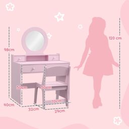 AIYAPLAY Kids Dressing Table Set w/ Stool, Mirror, Drawers in Pink - Size: 100 cm x 100 cm - thumbnail 3