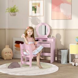AIYAPLAY Kids Dressing Table Set w/ Stool, Mirror, Drawers in Pink - Size: 100 cm x 100 cm