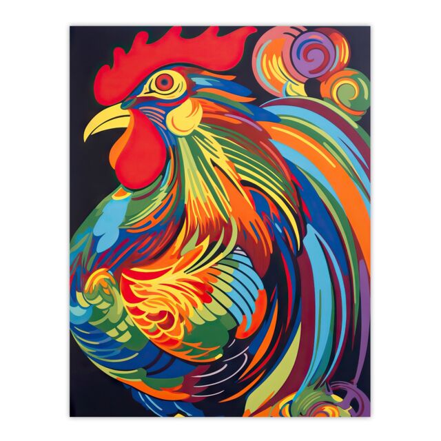 Artery8 Wall Art Print Cockerel Rooster Chicken Hen Neon Colour Feathers Graphic Artwork Vibrant Bold Bright Colourful Painting Poster - image 1