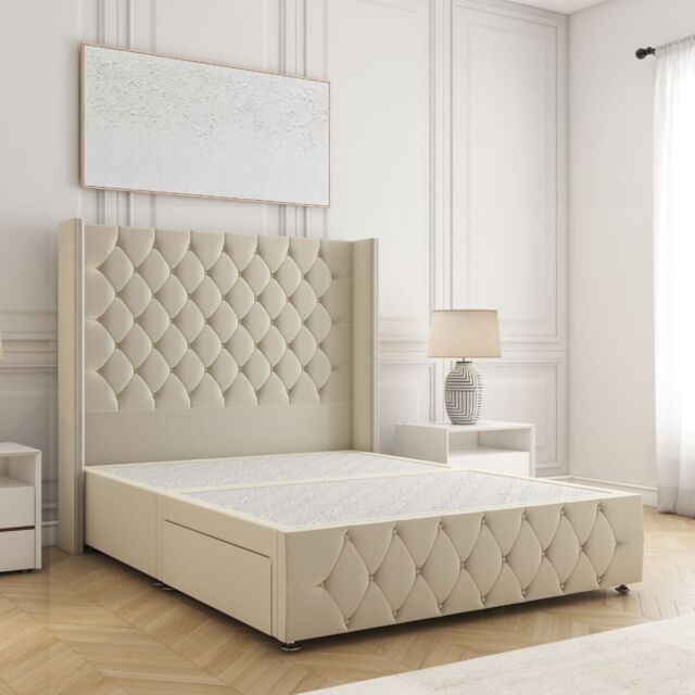 "BSSPOKE Mayfair Plush Velvet Divan Bed 54""Headboard & No Mattress No Drawers in Cream - Size: Double" - image 1