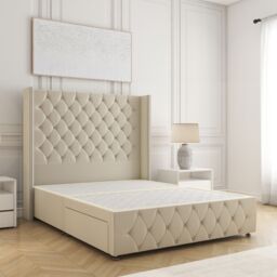 "BSSPOKE Mayfair Plush Velvet Divan Bed 54""Headboard & No Mattress No Drawers in Cream - Size: Double"