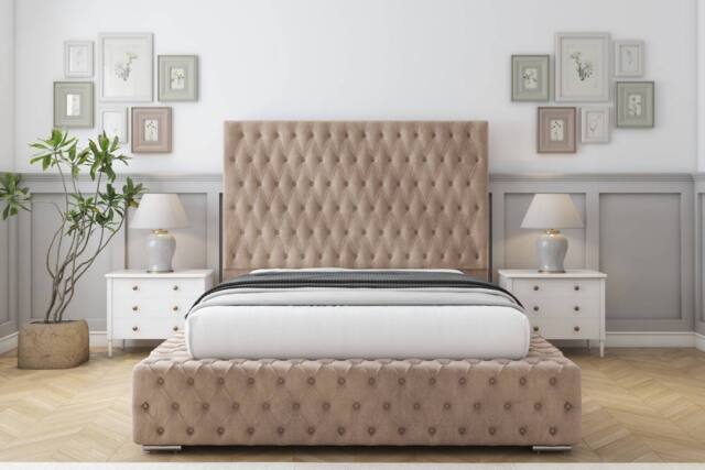 "Sloomy Ambassador Naples Frame-Mattress - 50"" Upholstered Headboard in Light Brown - Size: Small Double" - image 1
