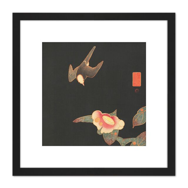 Artery8 Jakuchu Swallow Camillia Bird Flower Japan Painting 8X8 Inch Square Wooden Framed Wall Art Print Picture with Mount in Black - image 1