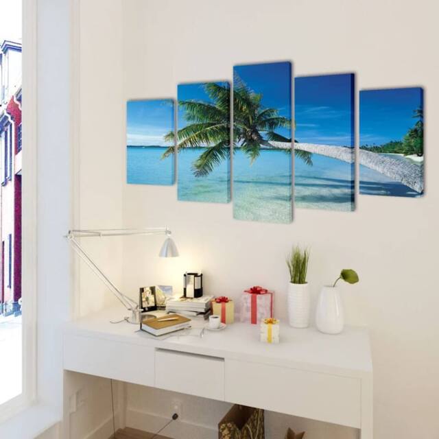 Berkfield Home Canvas Wall Print Set Sand Beach with Palm Tree 200 x 100 cm - image 1