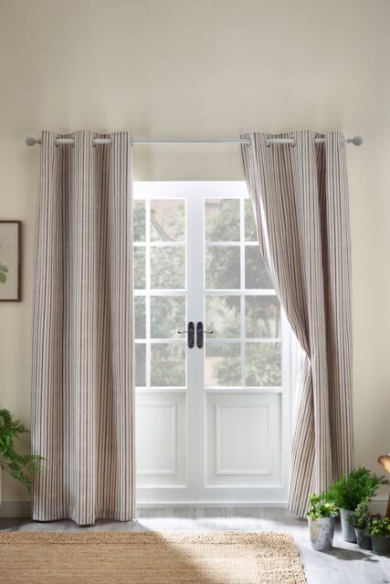 Catherine Lansfield 'Logan Stripe' Lined Eyelet Curtains in Natural - Size: 168 cm width x 183 cm drop - image 1