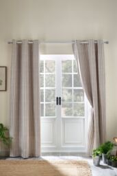 Catherine Lansfield 'Logan Stripe' Lined Eyelet Curtains in Natural - Size: 168 cm width x 183 cm drop - thumbnail 1