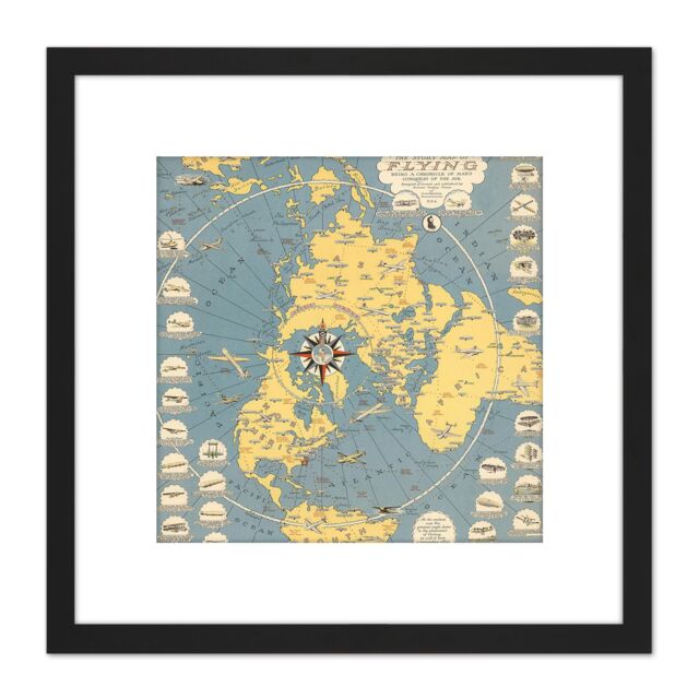 Artery8 Map Ernest Dudley Chase 1942 Aviation Flying Aeroplanes 8X8 Inch Square Wooden Framed Wall Art Print Picture with Mount in Black - image 1
