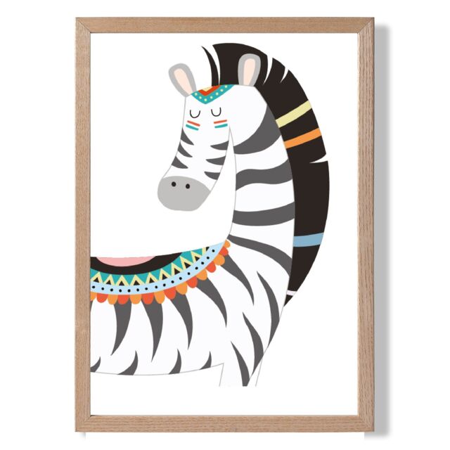 ARTZE Peeking Zebra Tribal Animal Framed Print SIZE: A4 with Oak Frame in Grey - Size: A2 - image 1