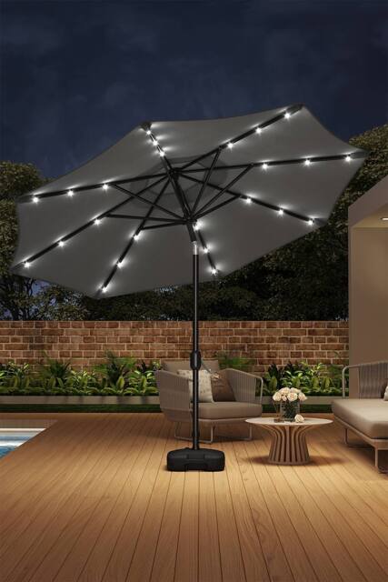 Living and Home 3M Large Garden LED Parasol Outdoor Beach Umbrella with Light Sun Shade Crank Tilt with Square Base, Dark Grey - image 1