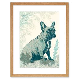 "Artery8 Wall Art Print French Bulldog Sitting in the Park Modern Monochrome Linocut Artwork Framed 9X7 Inch in Beige - Size: W7"" x H9""" - thumbnail 1