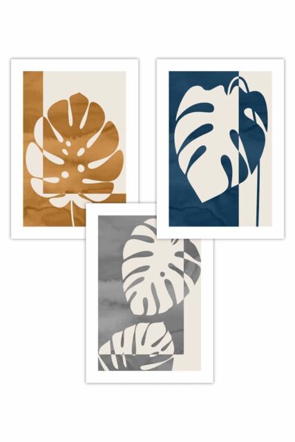 ARTZE Set of 3 Mid Century Monstera in Orange & Blue Art Posters in Navy - Size: W50 cm x H70 cm - image 1
