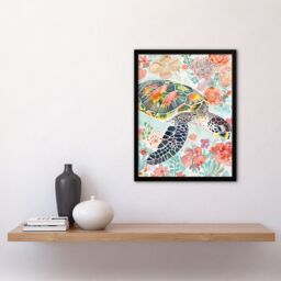 Artery8 Colourful Sea Turtle Marine Flowers Watercolour Framed Wall Art - Size: A4 - thumbnail 4
