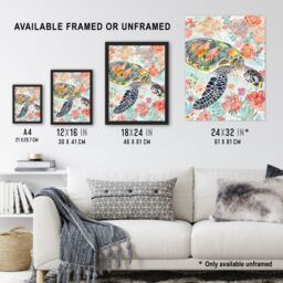 Artery8 Colourful Sea Turtle Marine Flowers Watercolour Framed Wall Art - Size: A4 - thumbnail 3