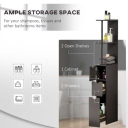 HOMCOM Tall Bathroom Storage Cabinet with Shelf & Drawers, Brown - thumbnail 4