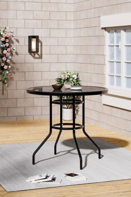 Living and Home Metallic and Tempered Glass Garden Table with Parasol Hole Outdoor in Black - image 1