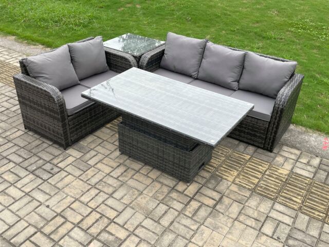 Fimous Outdoor Rattan Garden Furniture Sets Height Adjustable Rising lifting Dining Table Lounge Sofa Set With Side Table in Dark Grey - image 1