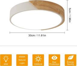 COMELY 30W Wood LED Ceiling Light, Modern Round Ceiling Lights, Natural White - thumbnail 5