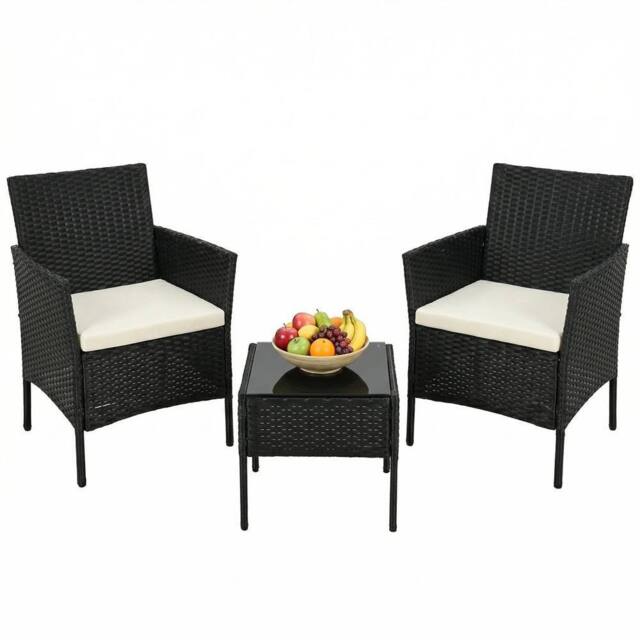 Alivio 3-Piece Rattan Bistro Set with Cushioned Armchairs & Glass Coffee Table Patio & Garden Furniture in Black - image 1