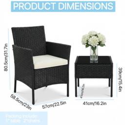 Alivio 3-Piece Rattan Bistro Set with Cushioned Armchairs & Glass Coffee Table Patio & Garden Furniture in Black - thumbnail 6