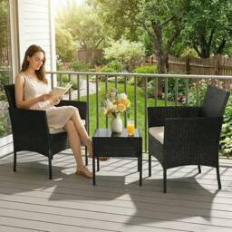 Alivio 3-Piece Rattan Bistro Set with Cushioned Armchairs & Glass Coffee Table Patio & Garden Furniture in Black - thumbnail 8