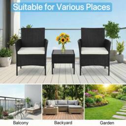 Alivio 3-Piece Rattan Bistro Set with Cushioned Armchairs & Glass Coffee Table Patio & Garden Furniture in Black - thumbnail 5