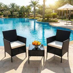 Alivio 3-Piece Rattan Bistro Set with Cushioned Armchairs & Glass Coffee Table Patio & Garden Furniture in Black - thumbnail 7