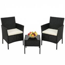 Alivio 3-Piece Rattan Bistro Set with Cushioned Armchairs & Glass Coffee Table Patio & Garden Furniture in Black