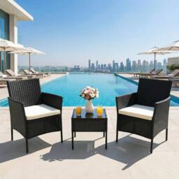 Alivio 3-Piece Rattan Bistro Set with Cushioned Armchairs & Glass Coffee Table Patio & Garden Furniture in Black - thumbnail 2