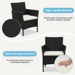 Alivio 3-Piece Rattan Bistro Set with Cushioned Armchairs & Glass Coffee Table Patio & Garden Furniture in Black - thumbnail 3