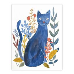 "Artery8 Russian Blue Cat with Ornate Plants Watercolour Wall Art Print - Size: W24"" x H32""" - thumbnail 1